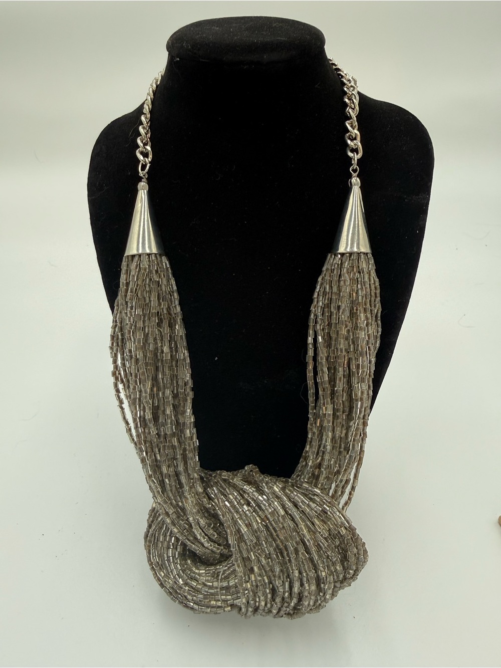 Statement Multi-Strand Silver Tone Beaded Tassel Knot Cable Necklace Adjustable
